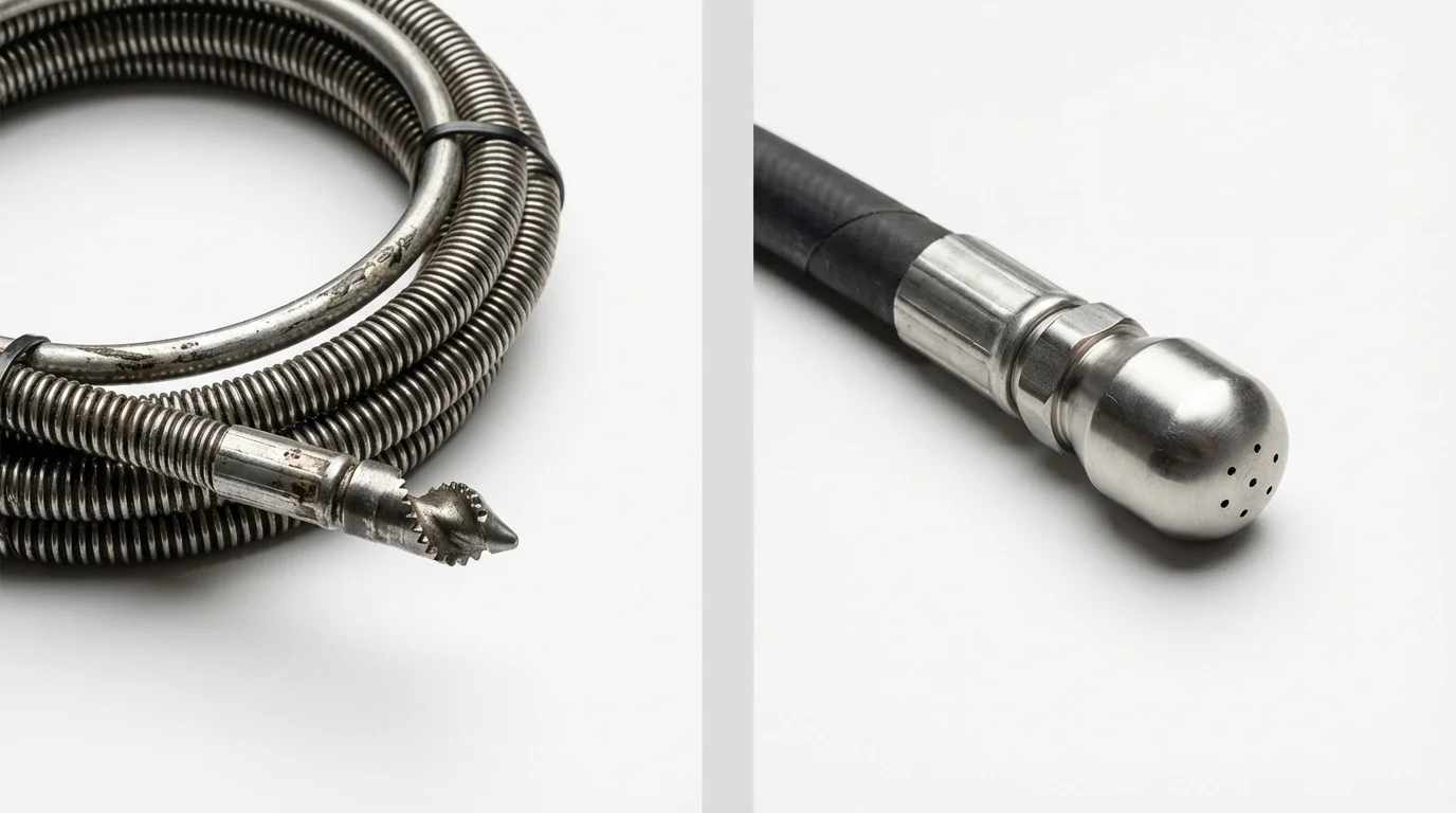 Drain snake cable and hydro jetting nozzle used for drain cleaning in Waterloo, WI