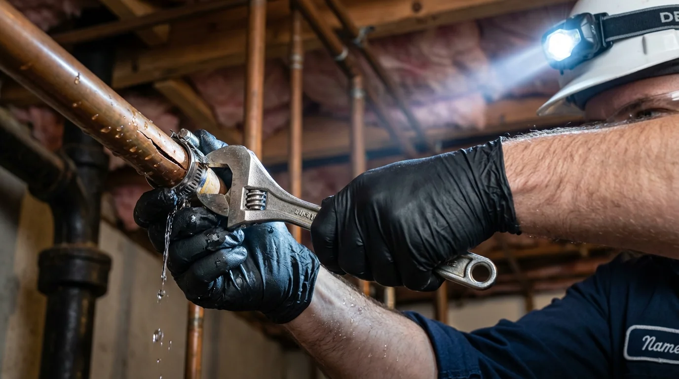 Emergency pipe clamp repair being performed by a Johns Plumbing LLC plumber in Waterloo