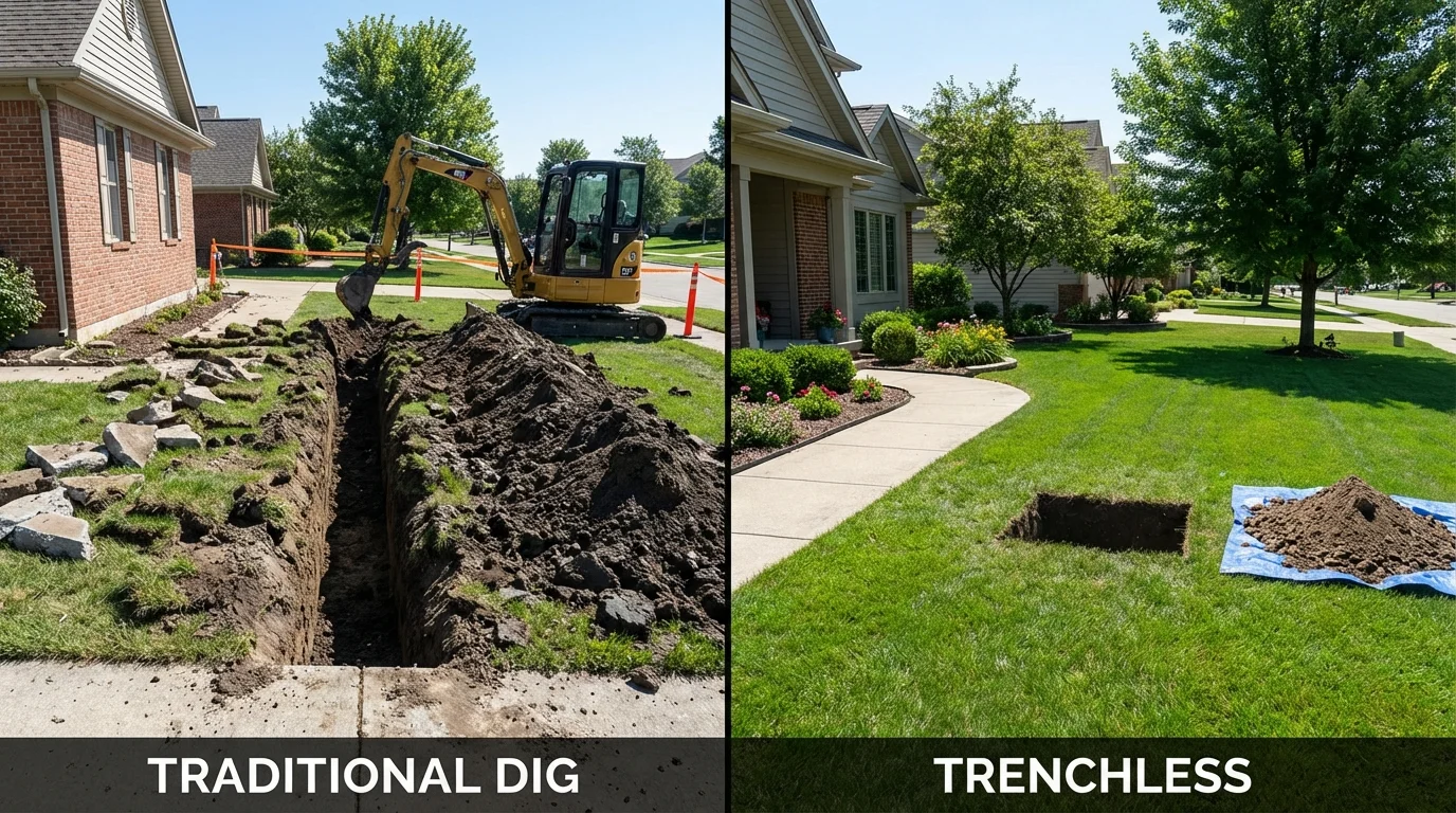 Trenchless sewer repair with minimal yard damage versus traditional excavation in Waterloo, WI