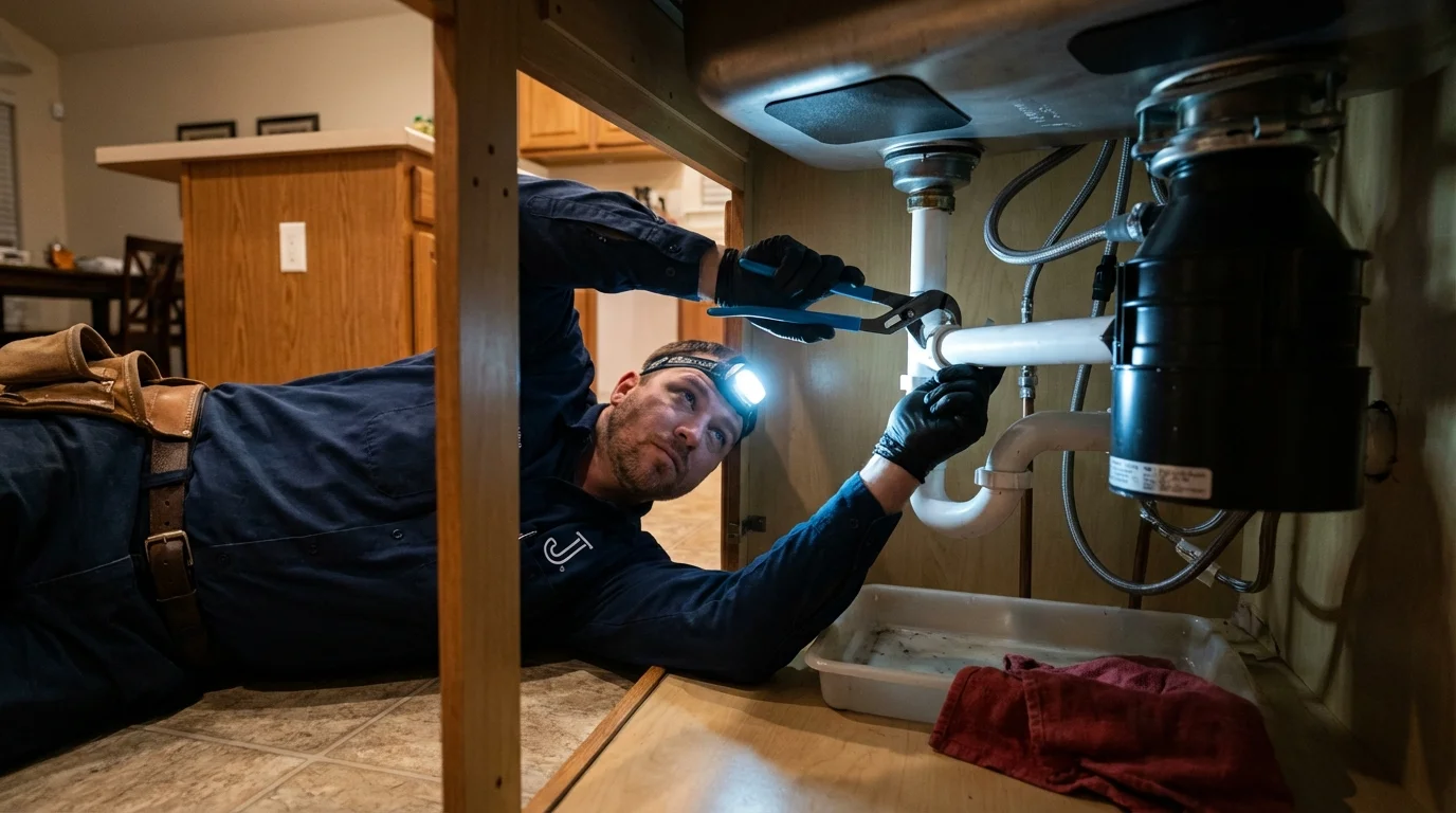 P-trap and supply line connections under a kitchen sink showing a common leak point in Waterloo, WI